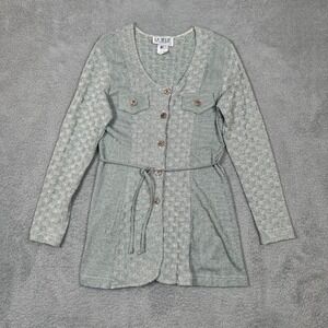 Vintage La Belle Fashions Womens Large Green Cotton Knit Belted Cardigan USA Y2K